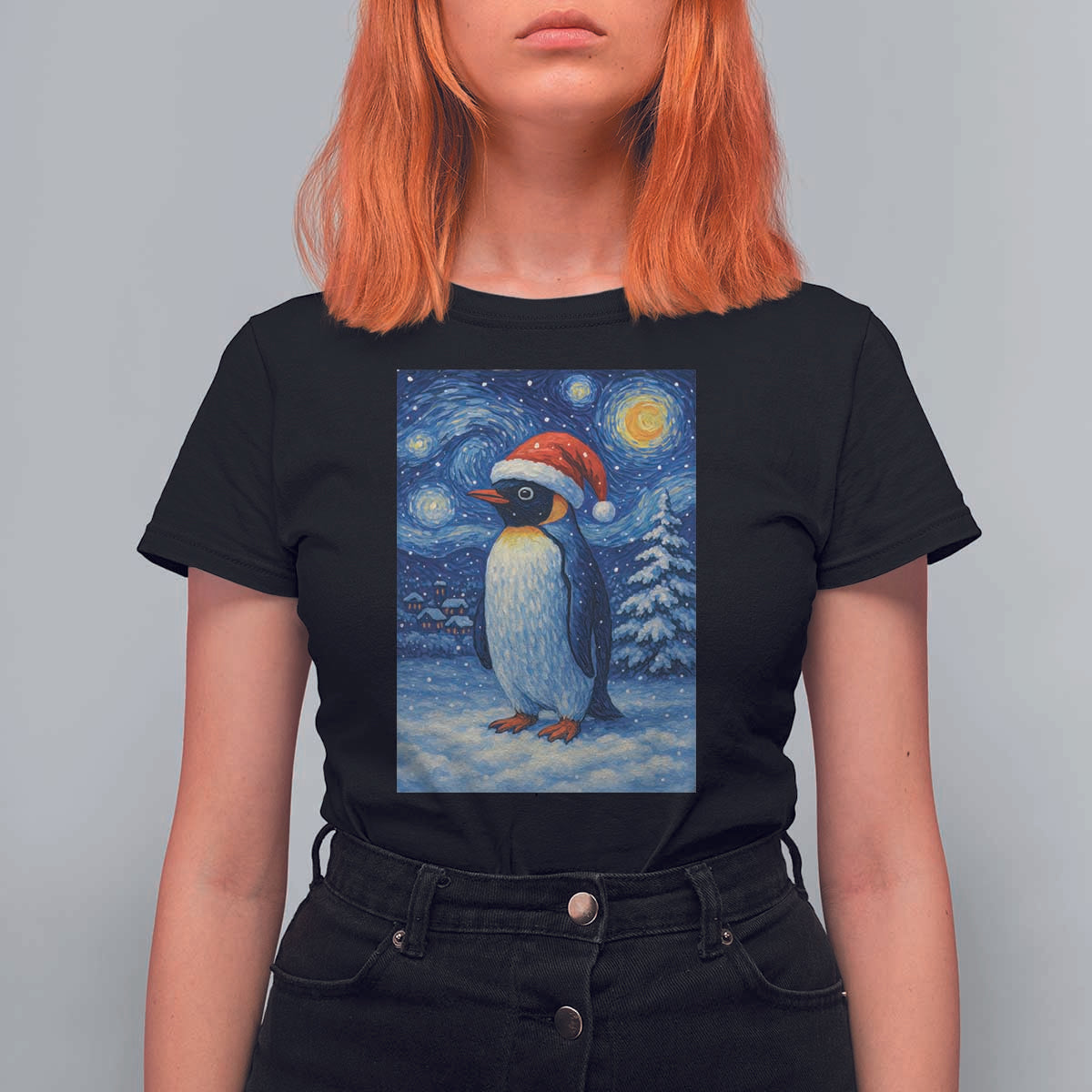 Penguin Christmas T Shirt For Women Starry Night Van Gogh - Wonder Print Shop