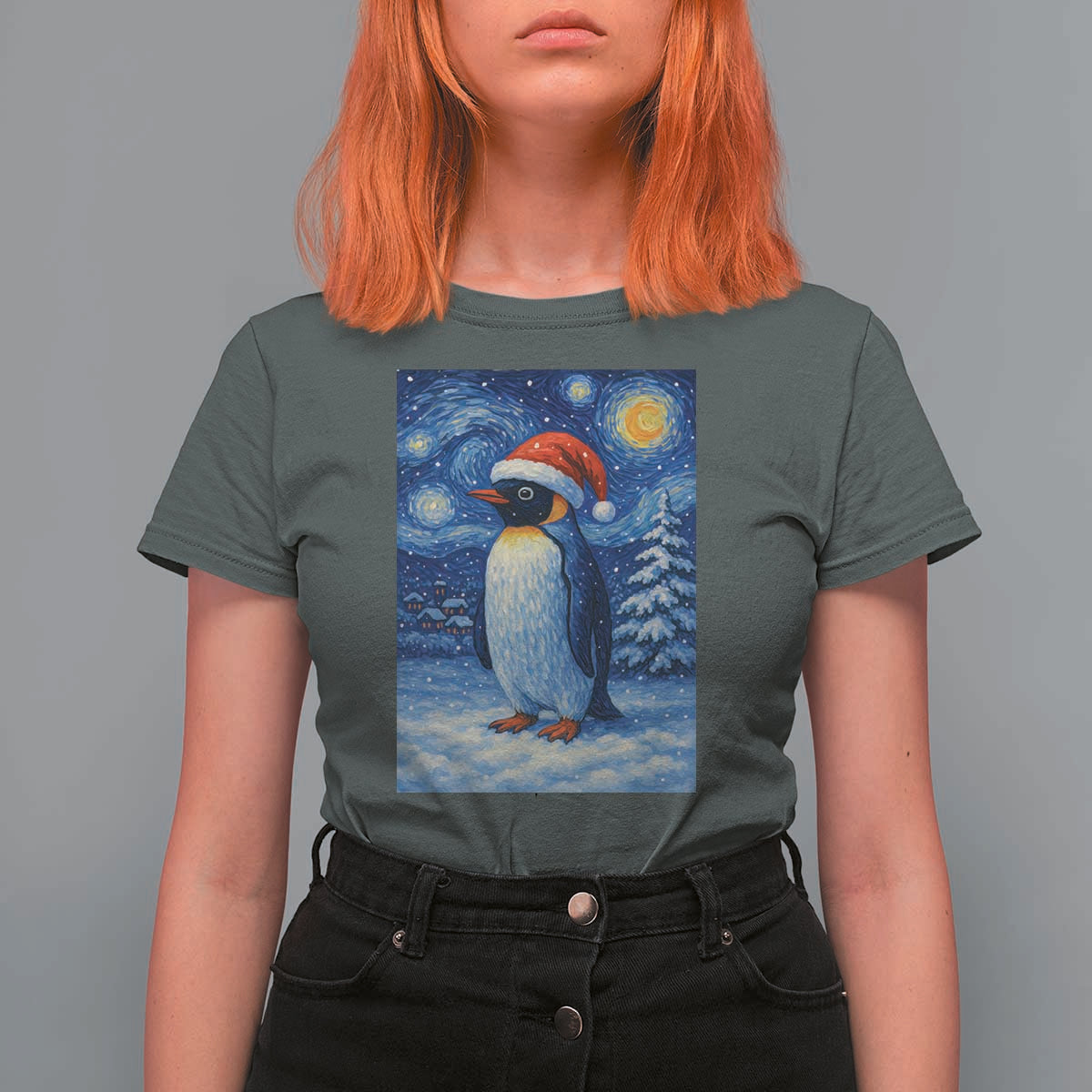 Penguin Christmas T Shirt For Women Starry Night Van Gogh - Wonder Print Shop