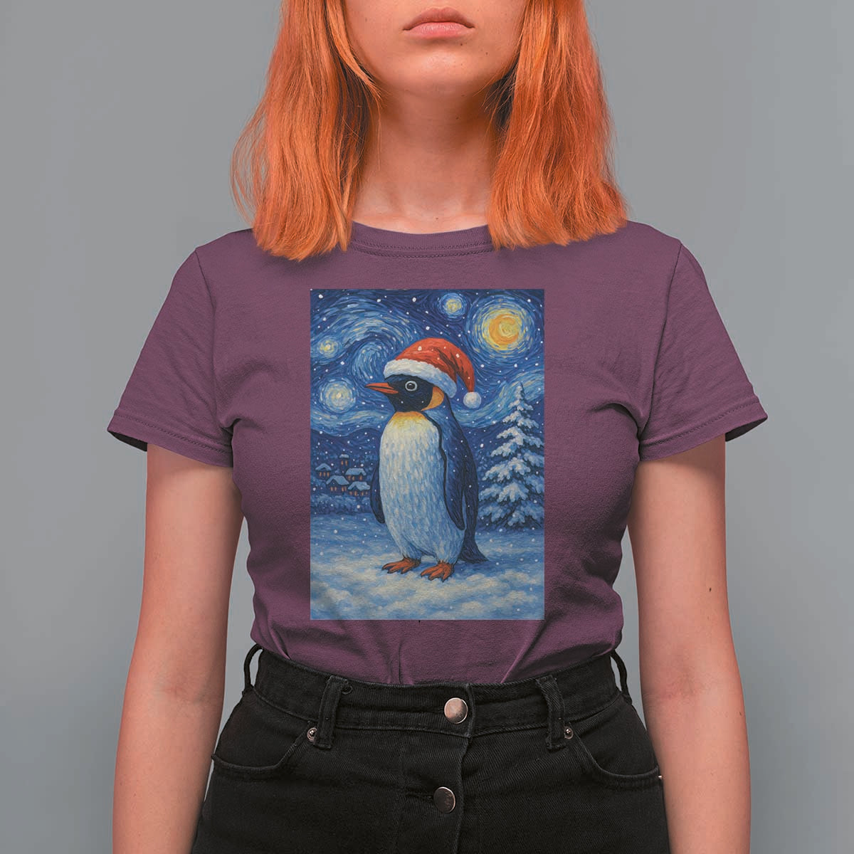 Penguin Christmas T Shirt For Women Starry Night Van Gogh - Wonder Print Shop