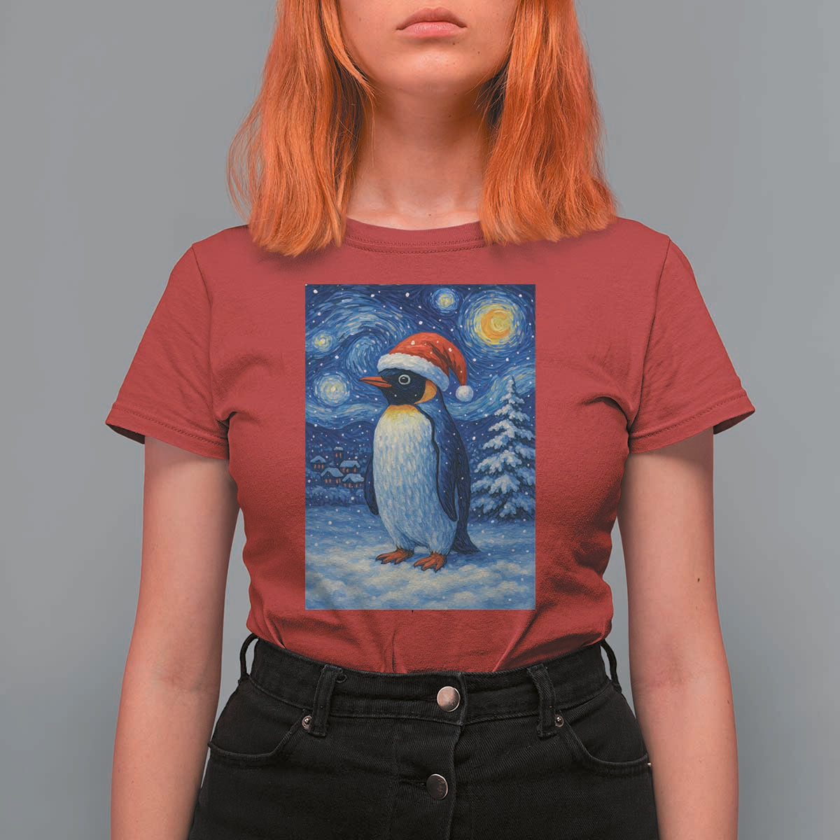 Penguin Christmas T Shirt For Women Starry Night Van Gogh - Wonder Print Shop