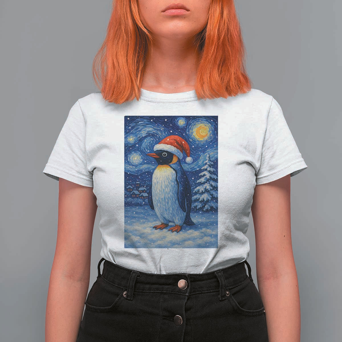 Penguin Christmas T Shirt For Women Starry Night Van Gogh - Wonder Print Shop