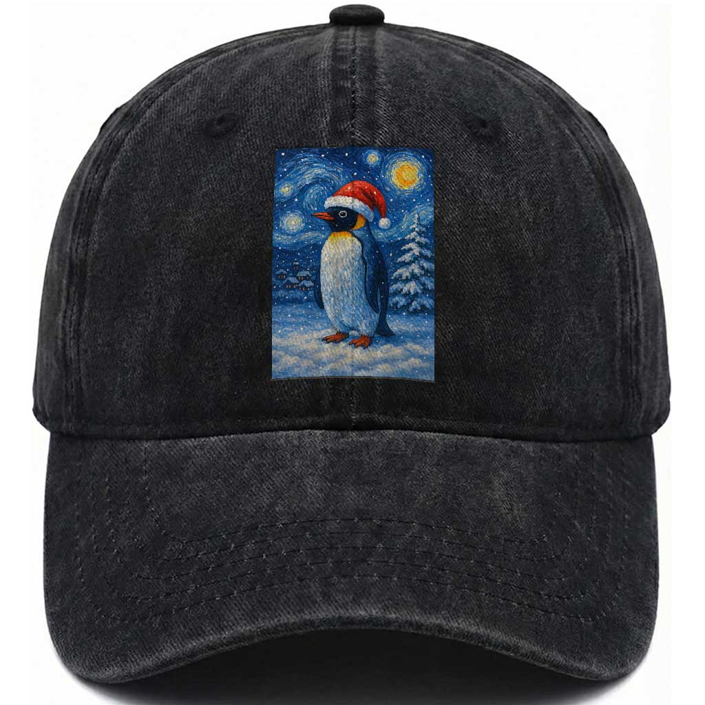 Penguin Christmas Washed Cotton Baseball Cap Starry Night Van Gogh