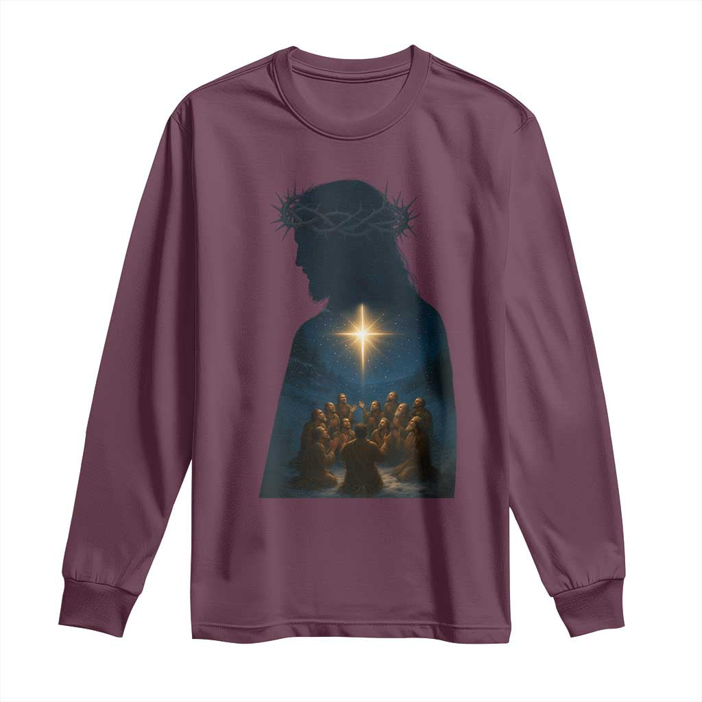 Jesus Christian Christmas Long Sleeve Shirt Christian Saints Praying Under The Star of Bethlehem - Wonder Print Shop