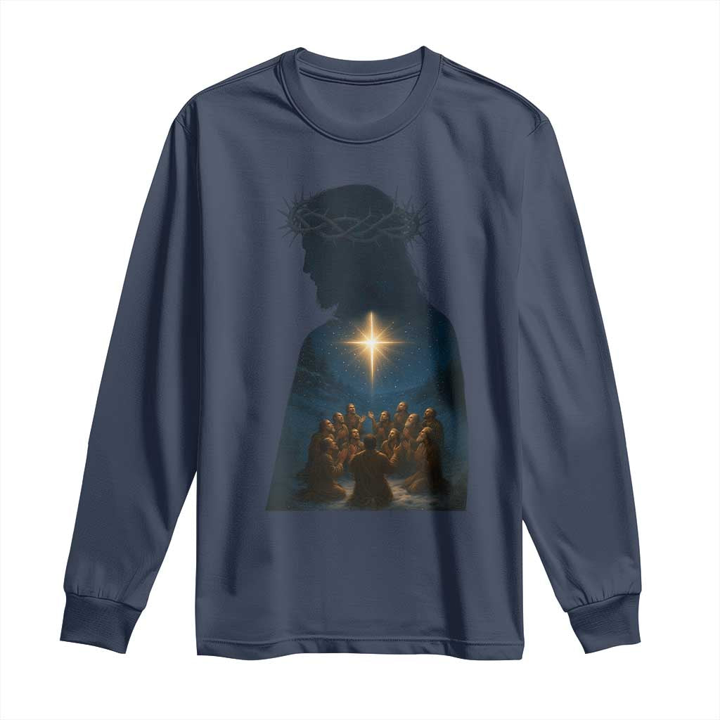 Jesus Christian Christmas Long Sleeve Shirt Christian Saints Praying Under The Star of Bethlehem - Wonder Print Shop
