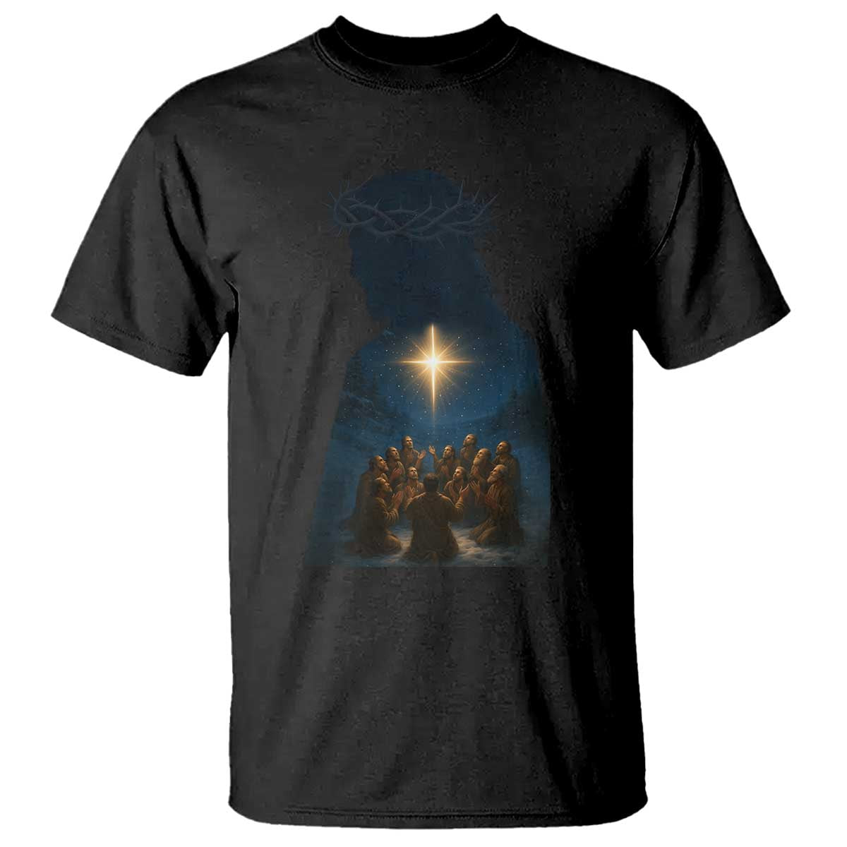 Jesus Christian Christmas T Shirt Christian Saints Praying Under The Star of Bethlehem - Wonder Print Shop