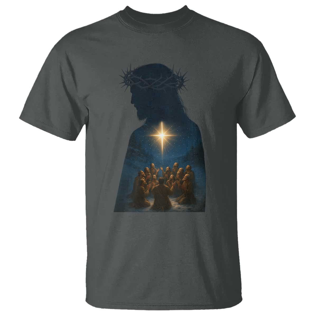 Jesus Christian Christmas T Shirt Christian Saints Praying Under The Star of Bethlehem - Wonder Print Shop
