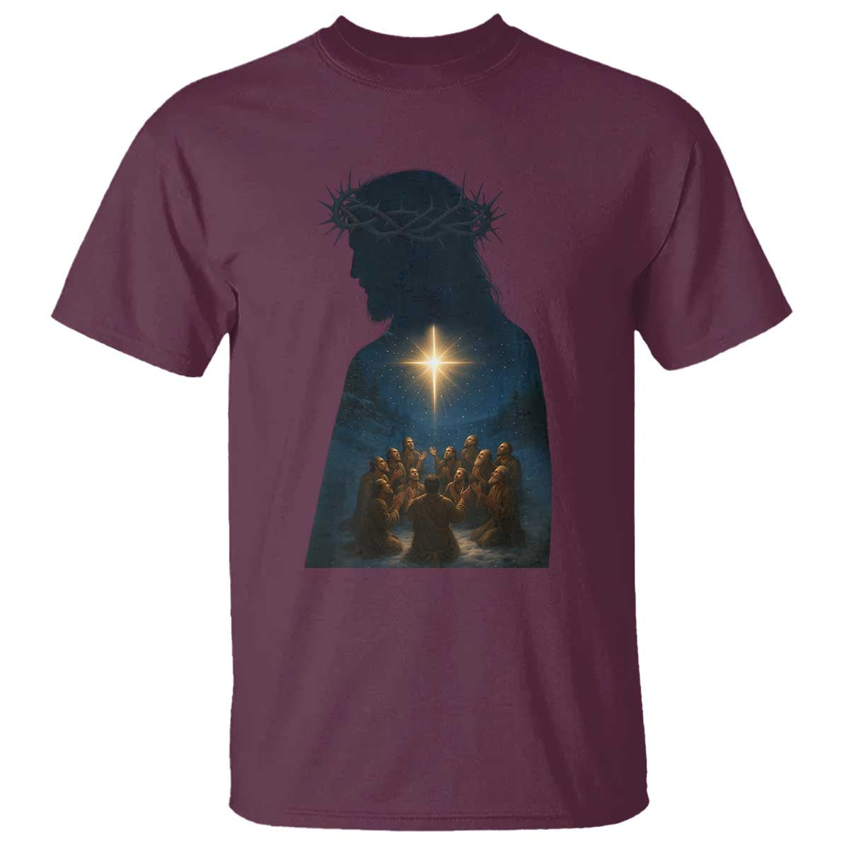 Jesus Christian Christmas T Shirt Christian Saints Praying Under The Star of Bethlehem - Wonder Print Shop
