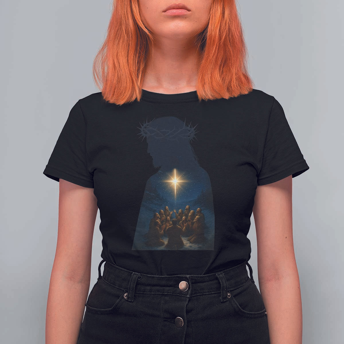 Jesus Christian Christmas T Shirt For Women Christian Saints Praying Under The Star of Bethlehem - Wonder Print Shop