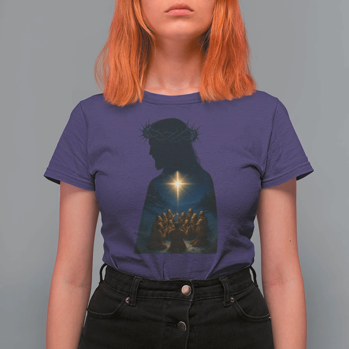 Jesus Christian Christmas T Shirt For Women Christian Saints Praying Under The Star of Bethlehem - Wonder Print Shop