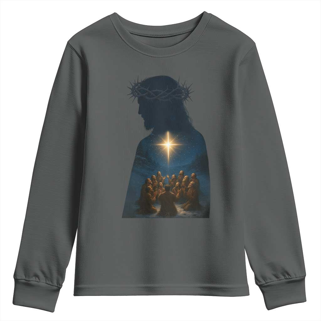 Jesus Christian Christmas Youth Sweatshirt Christian Saints Praying Under The Star of Bethlehem - Wonder Print Shop