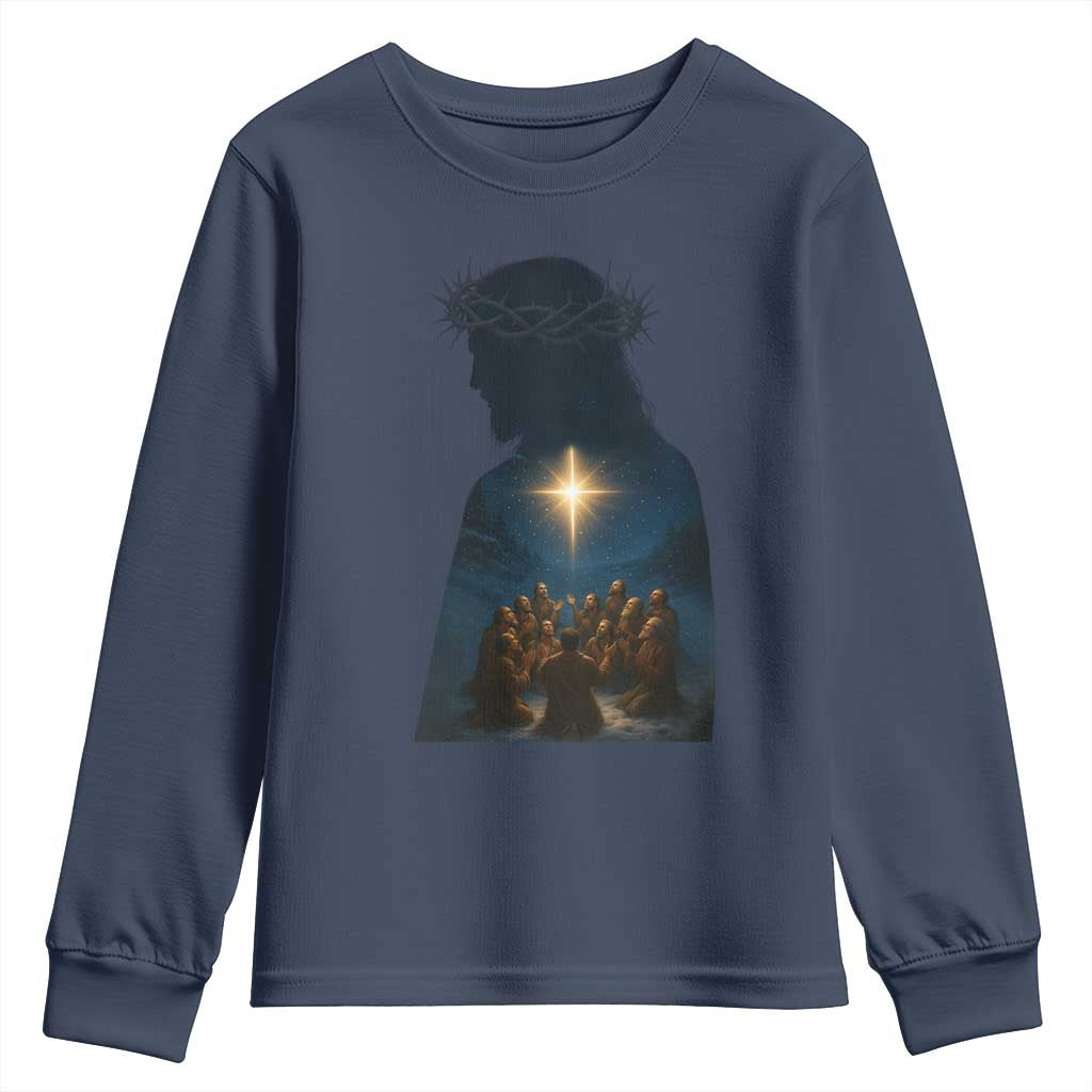 Jesus Christian Christmas Youth Sweatshirt Christian Saints Praying Under The Star of Bethlehem - Wonder Print Shop