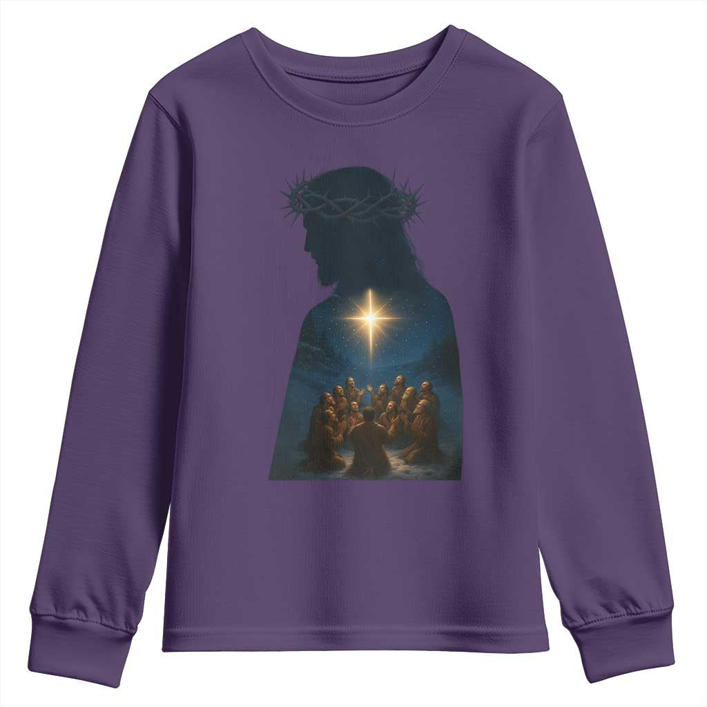 Jesus Christian Christmas Youth Sweatshirt Christian Saints Praying Under The Star of Bethlehem - Wonder Print Shop