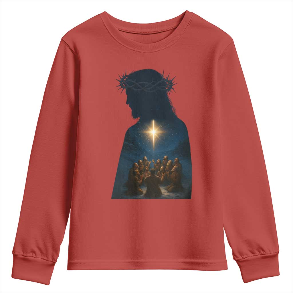 Jesus Christian Christmas Youth Sweatshirt Christian Saints Praying Under The Star of Bethlehem - Wonder Print Shop