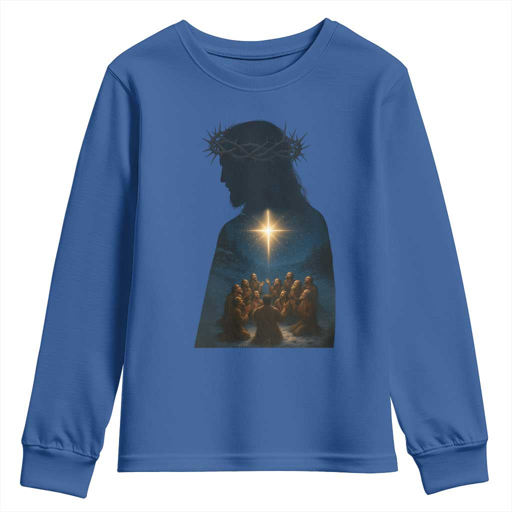 Jesus Christian Christmas Youth Sweatshirt Christian Saints Praying Under The Star of Bethlehem - Wonder Print Shop
