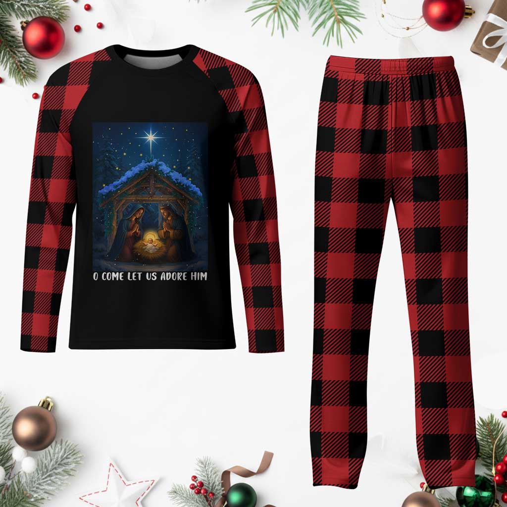 Nativity Scene Christmas Plaid Pajama Set O Come Let Us Adrove Him - Wonder Print Shop