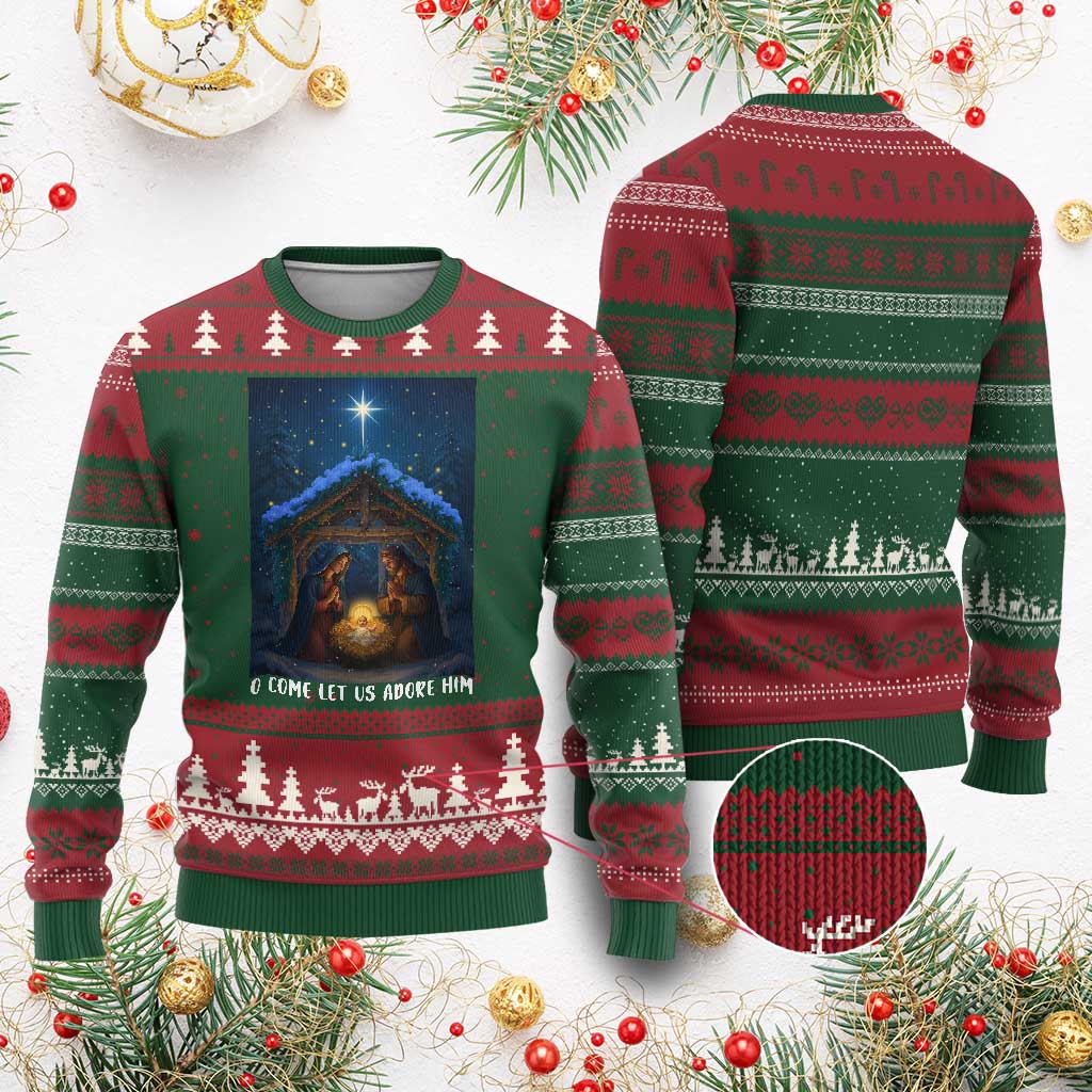 Nativity Scene Xmas Ugly Christmas Sweater O Come Let Us Adrove Him - Wonder Print Shop