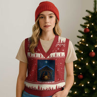 Nativity Scene Xmas V-Neck Knit Sweater Vest O Come Let Us Adrove Him - Wonder Print Shop