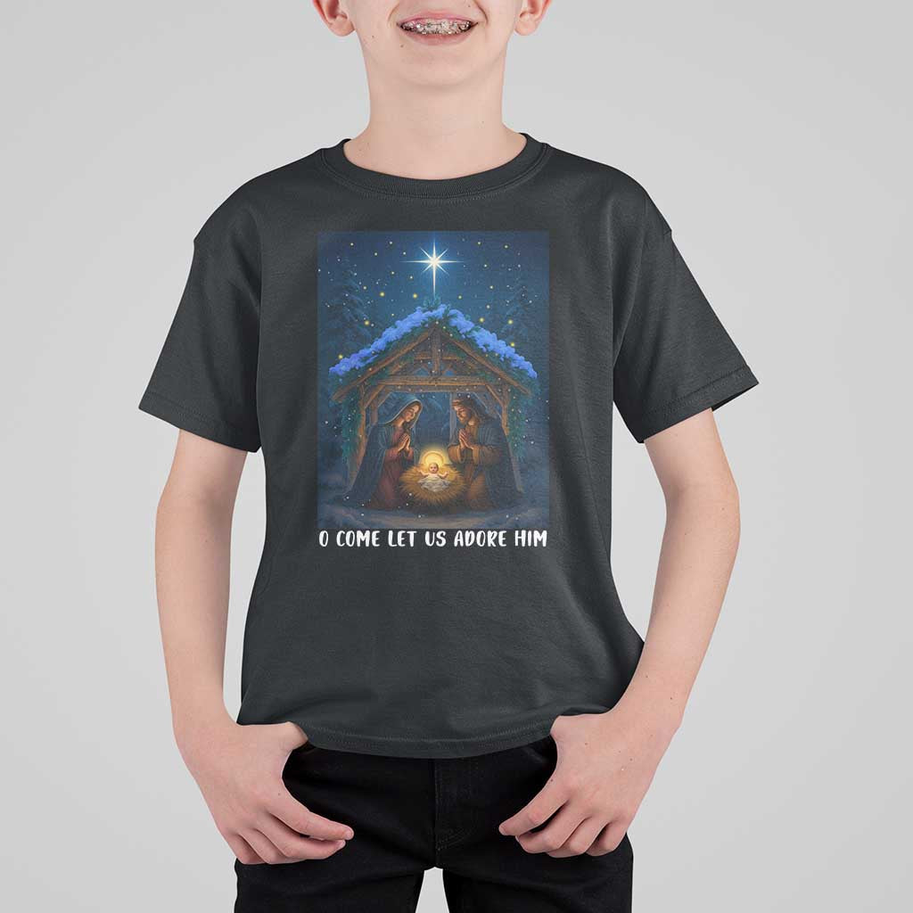 Nativity Scene Christmas T Shirt For Kid O Come Let Us Adrove Him - Wonder Print Shop
