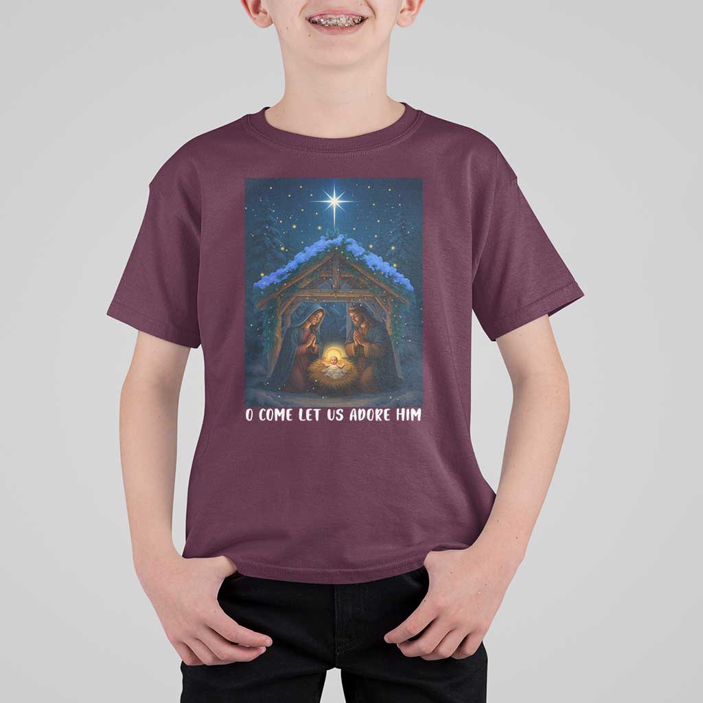 Nativity Scene Christmas T Shirt For Kid O Come Let Us Adrove Him - Wonder Print Shop