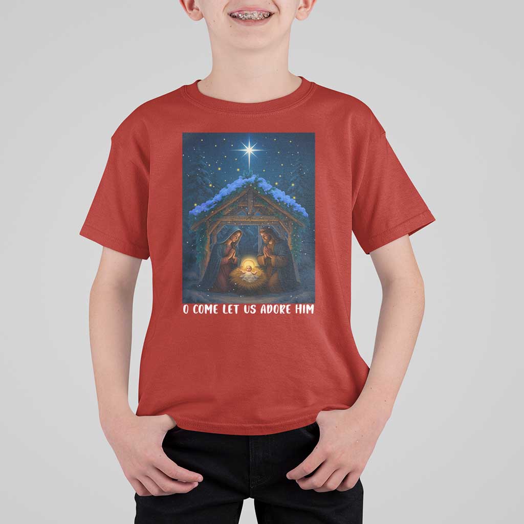 Nativity Scene Christmas T Shirt For Kid O Come Let Us Adrove Him - Wonder Print Shop