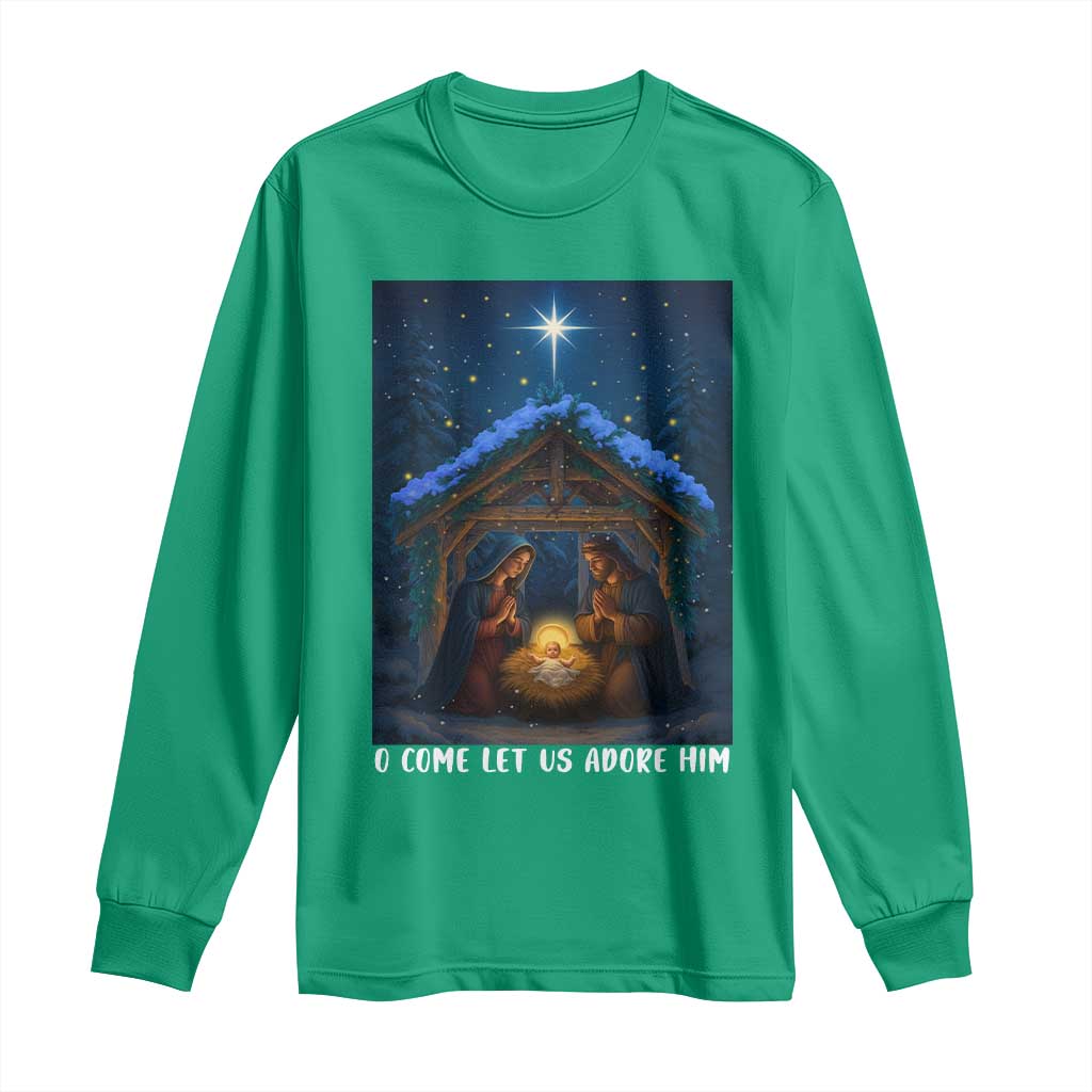 Nativity Scene Christmas Long Sleeve Shirt O Come Let Us Adrove Him - Wonder Print Shop