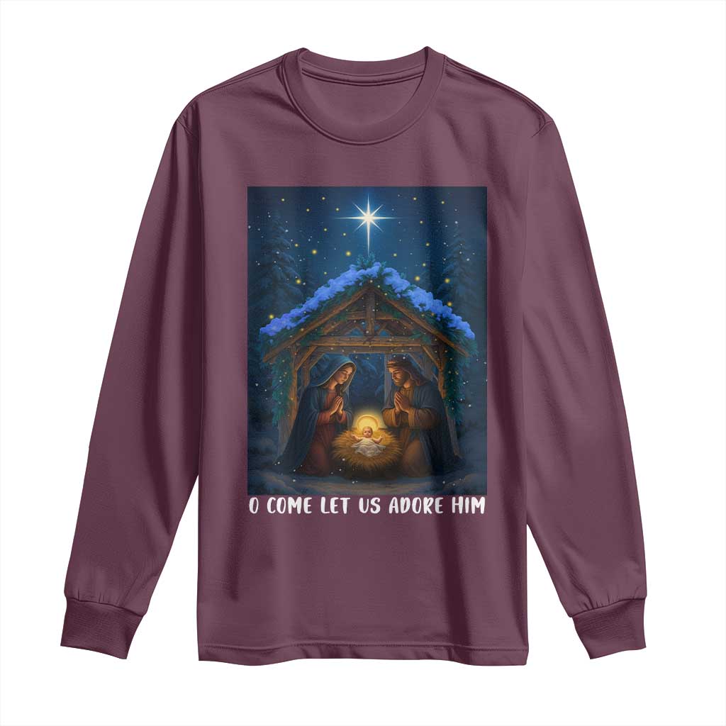 Nativity Scene Christmas Long Sleeve Shirt O Come Let Us Adrove Him - Wonder Print Shop