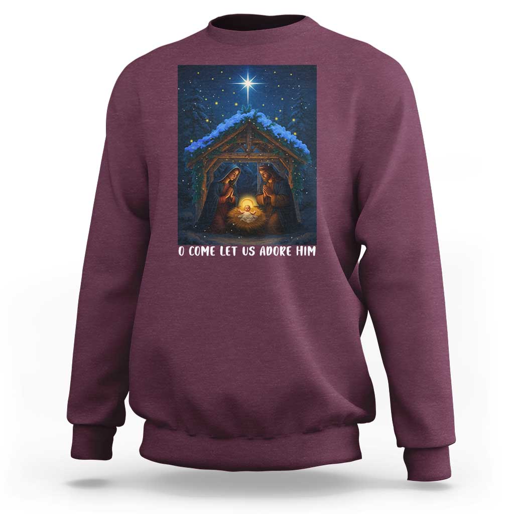 Nativity Scene Christmas Sweatshirt O Come Let Us Adrove Him - Wonder Print Shop