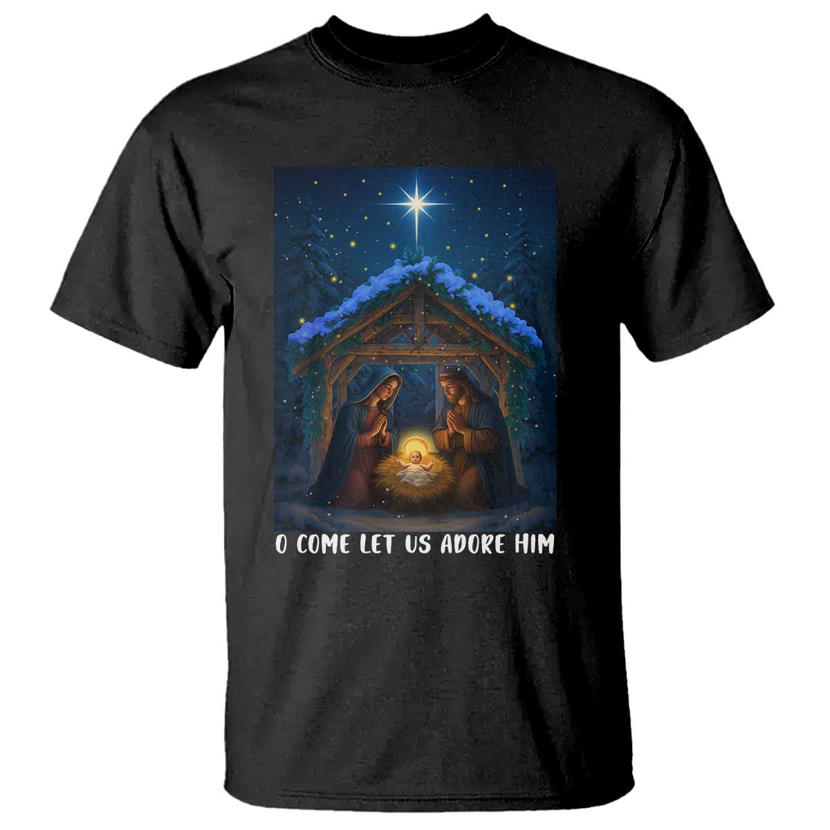 Nativity Scene Christmas T Shirt O Come Let Us Adrove Him - Wonder Print Shop