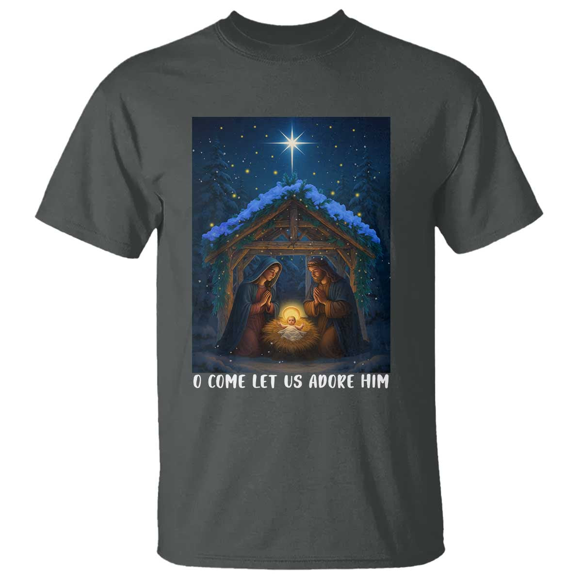 Nativity Scene Christmas T Shirt O Come Let Us Adrove Him - Wonder Print Shop