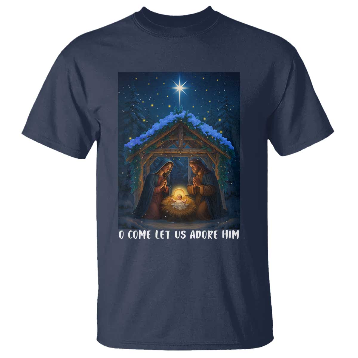 Nativity Scene Christmas T Shirt O Come Let Us Adrove Him - Wonder Print Shop