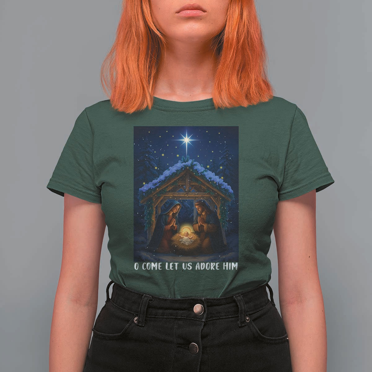 Nativity Scene Christmas T Shirt For Women O Come Let Us Adrove Him - Wonder Print Shop