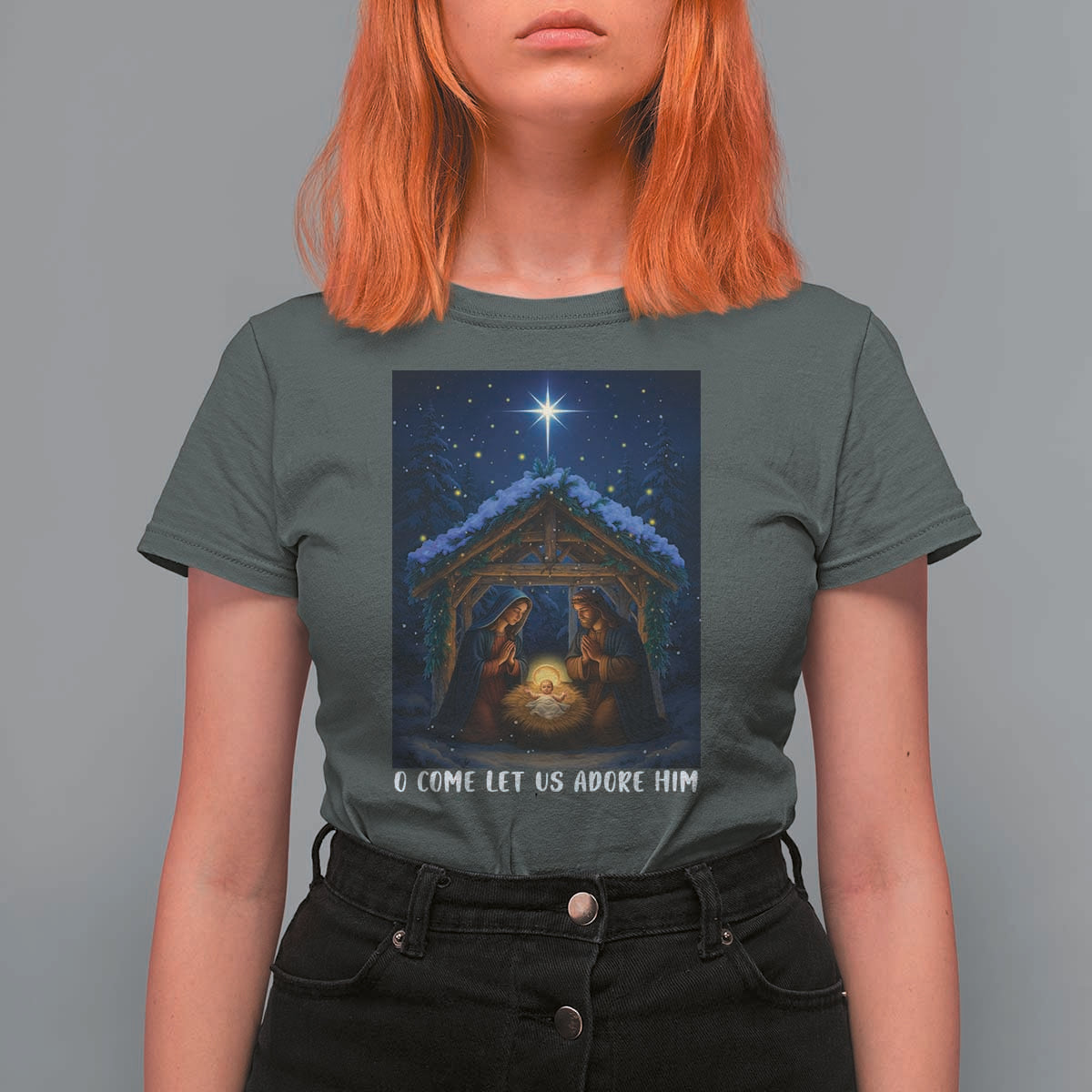 Nativity Scene Christmas T Shirt For Women O Come Let Us Adrove Him - Wonder Print Shop