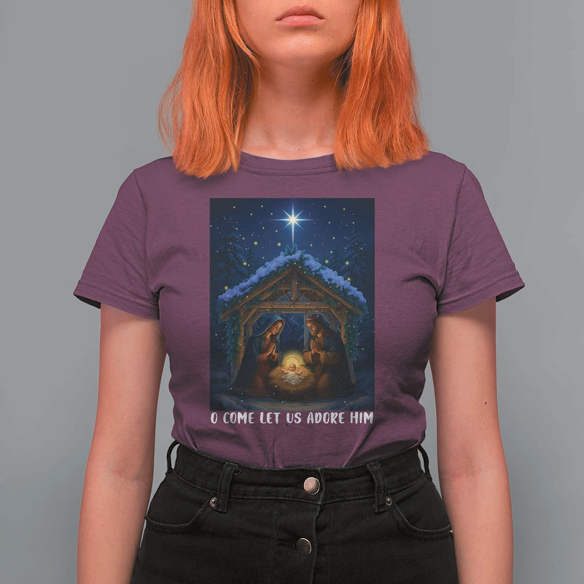 Nativity Scene Christmas T Shirt For Women O Come Let Us Adrove Him - Wonder Print Shop