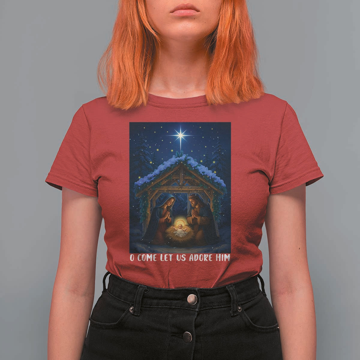 Nativity Scene Christmas T Shirt For Women O Come Let Us Adrove Him - Wonder Print Shop