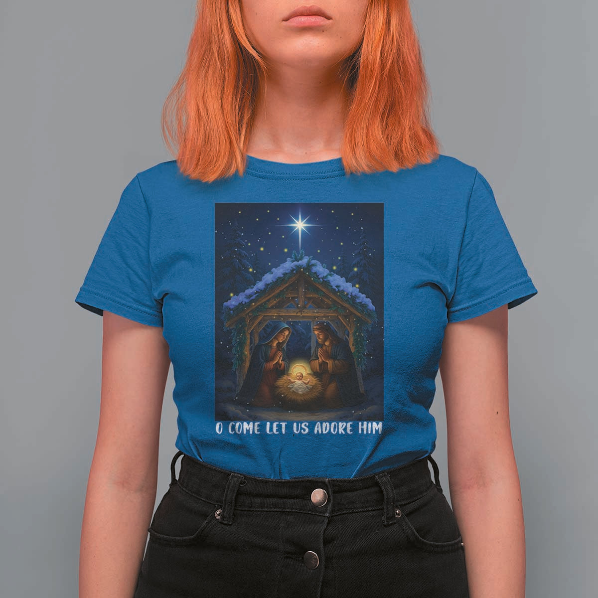 Nativity Scene Christmas T Shirt For Women O Come Let Us Adrove Him - Wonder Print Shop