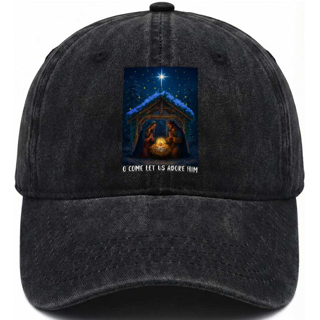 Nativity Scene Christmas Washed Cotton Baseball Cap O Come Let Us Adrove Him