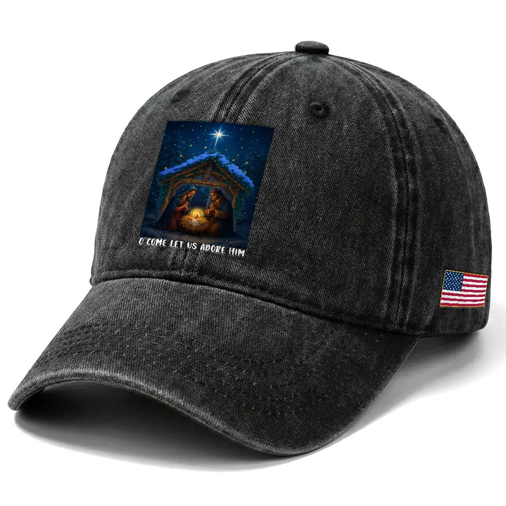 Nativity Scene Christmas Washed Cotton Baseball Cap O Come Let Us Adrove Him