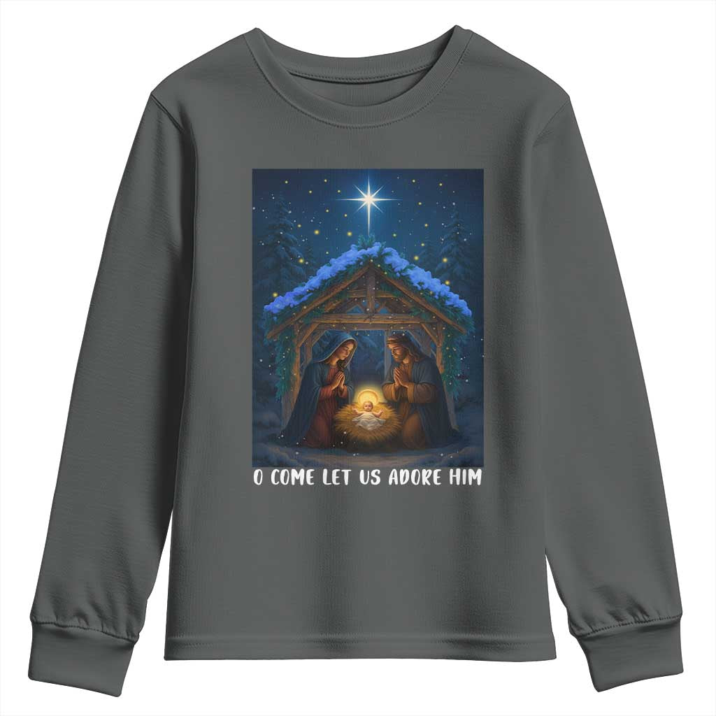Nativity Scene Christmas Youth Sweatshirt O Come Let Us Adrove Him - Wonder Print Shop
