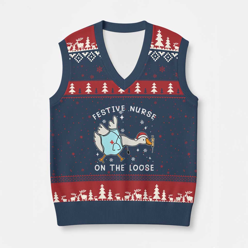 Funny ER Nurse Goose Xmas V-Neck Knit Sweater Vest Festive Nurses On The Loose - Wonder Print Shop