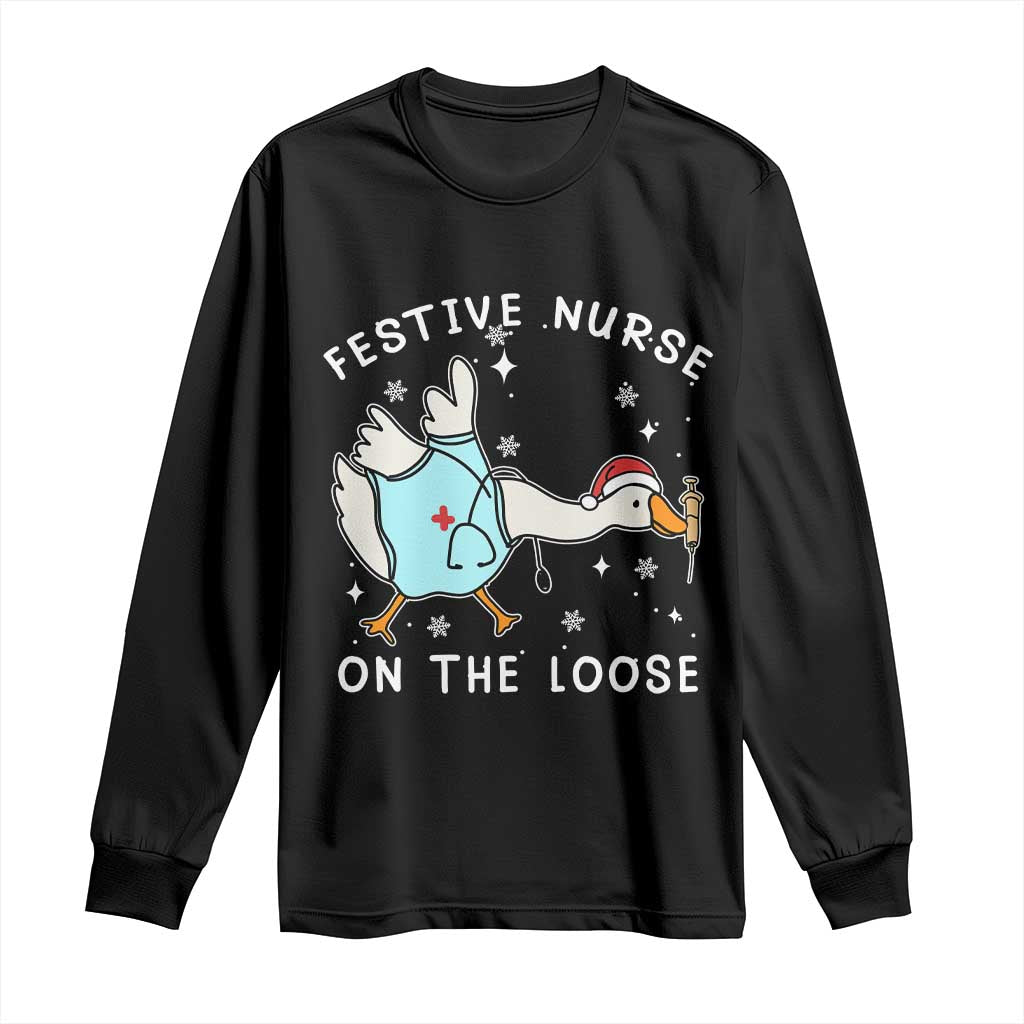 Funny ER Nurse Goose Christmas Long Sleeve Shirt Festive Nurses On The Loose - Wonder Print Shop