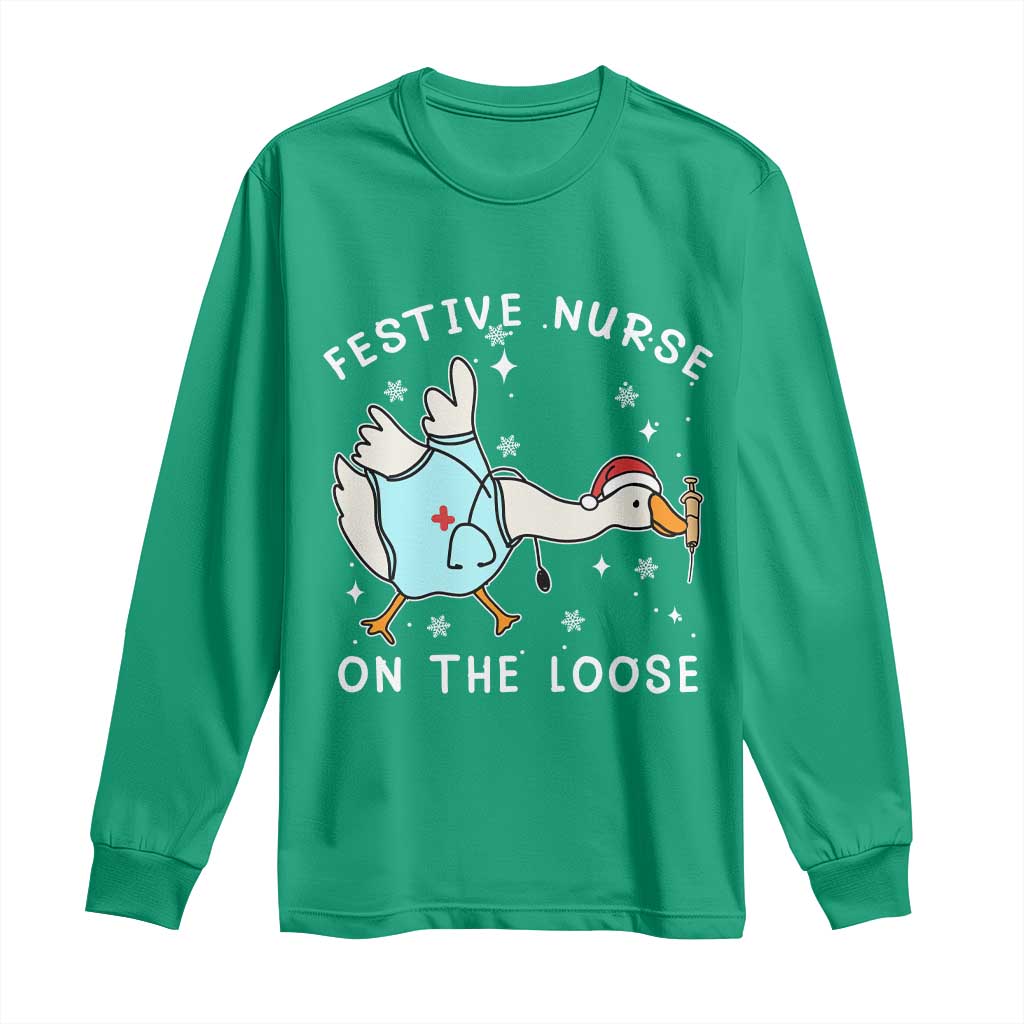 Funny ER Nurse Goose Christmas Long Sleeve Shirt Festive Nurses On The Loose - Wonder Print Shop