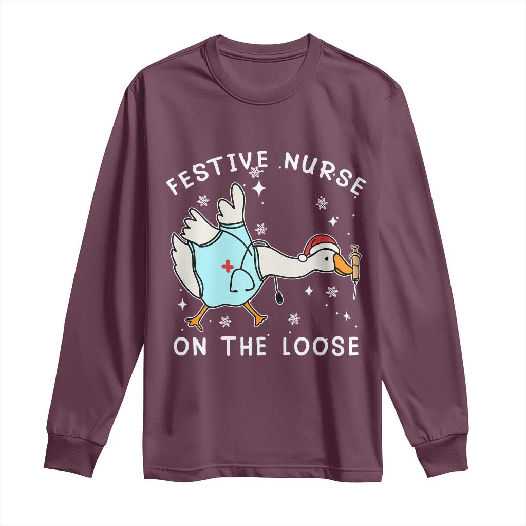 Funny ER Nurse Goose Christmas Long Sleeve Shirt Festive Nurses On The Loose - Wonder Print Shop