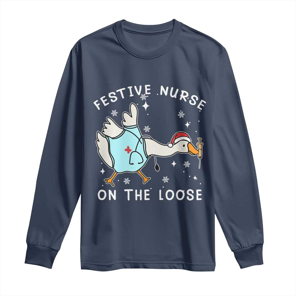 Funny ER Nurse Goose Christmas Long Sleeve Shirt Festive Nurses On The Loose - Wonder Print Shop