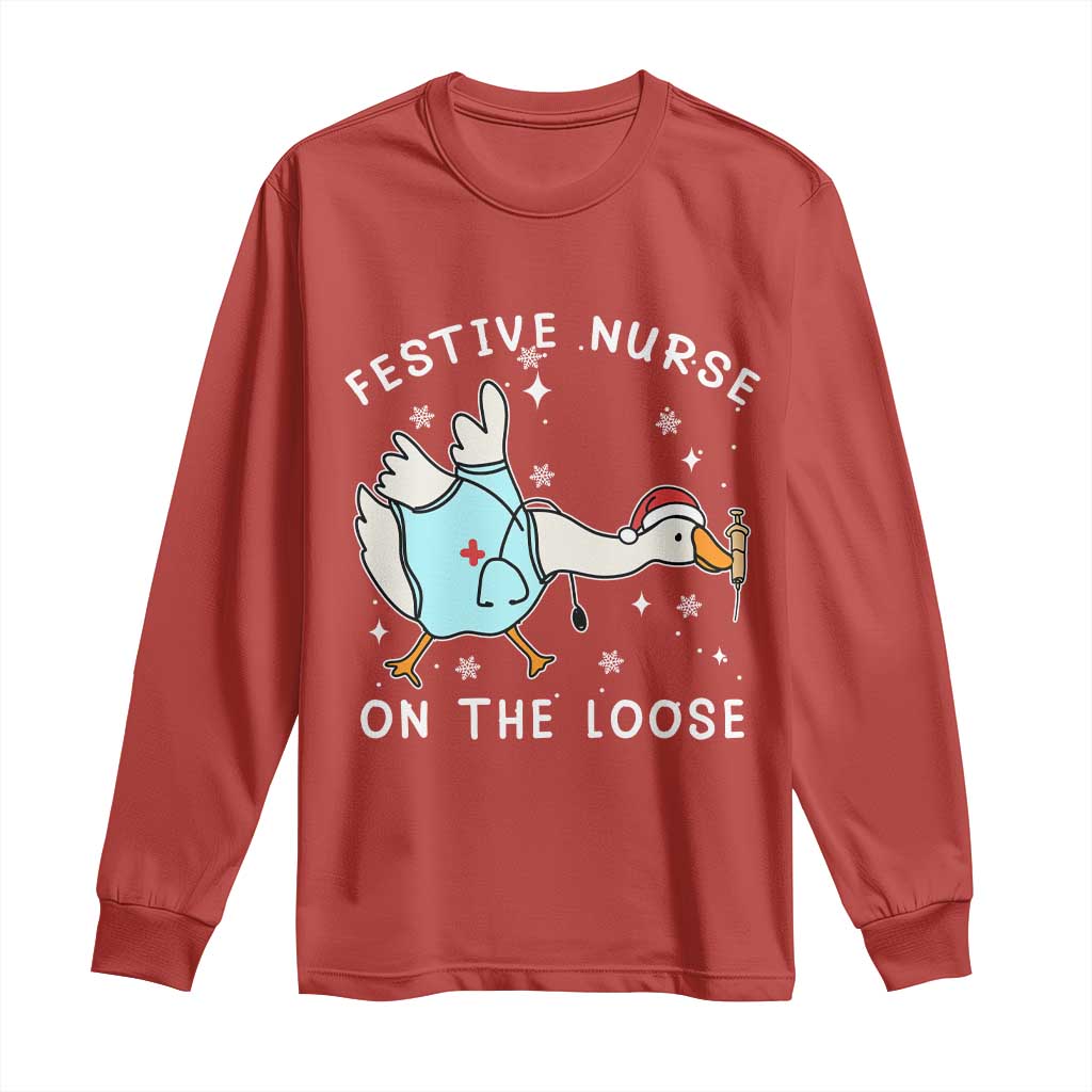 Funny ER Nurse Goose Christmas Long Sleeve Shirt Festive Nurses On The Loose - Wonder Print Shop