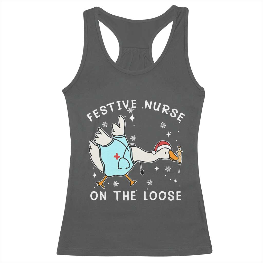 Funny ER Nurse Goose Christmas Racerback Tank Top Festive Nurses On The Loose - Wonder Print Shop