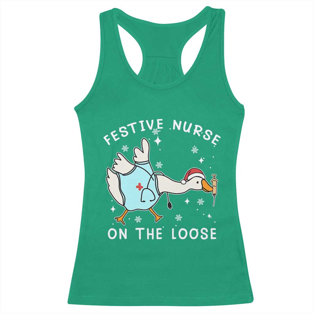 Funny ER Nurse Goose Christmas Racerback Tank Top Festive Nurses On The Loose - Wonder Print Shop