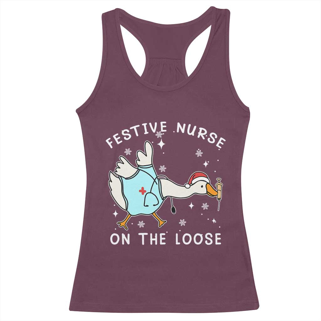 Funny ER Nurse Goose Christmas Racerback Tank Top Festive Nurses On The Loose - Wonder Print Shop