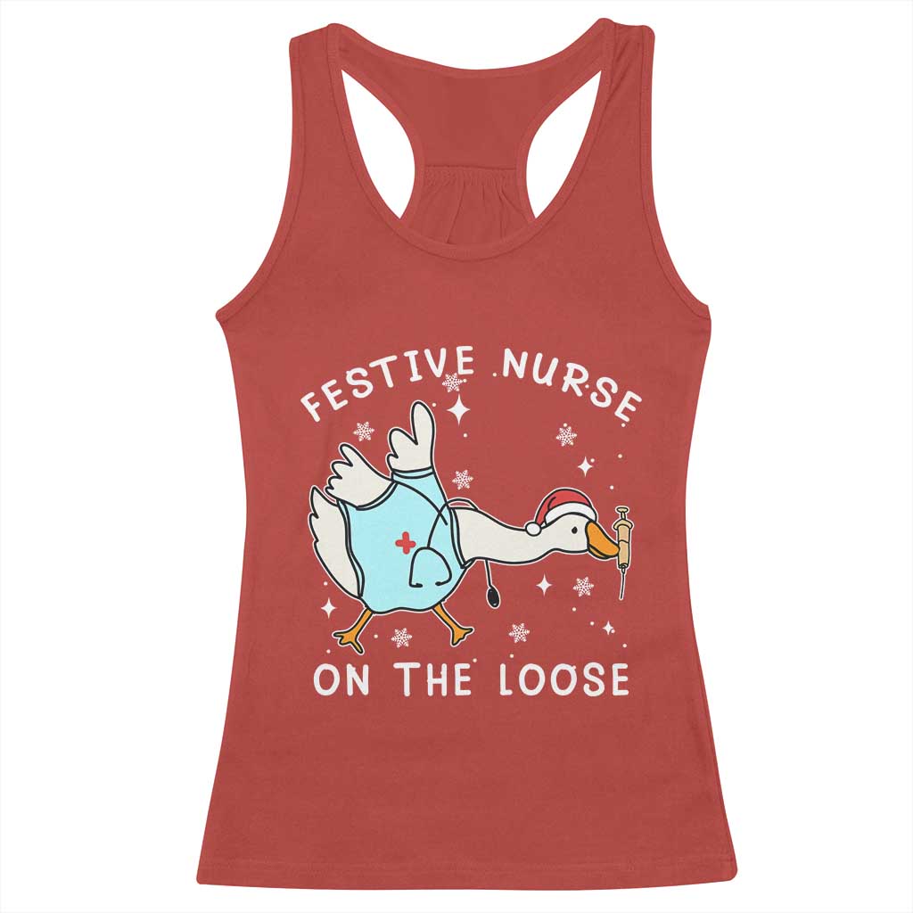 Funny ER Nurse Goose Christmas Racerback Tank Top Festive Nurses On The Loose - Wonder Print Shop