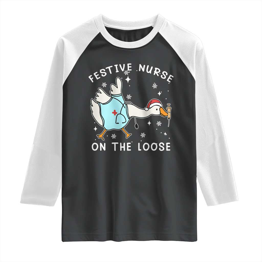 Funny ER Nurse Goose Christmas Raglan Shirt Festive Nurses On The Loose - Wonder Print Shop