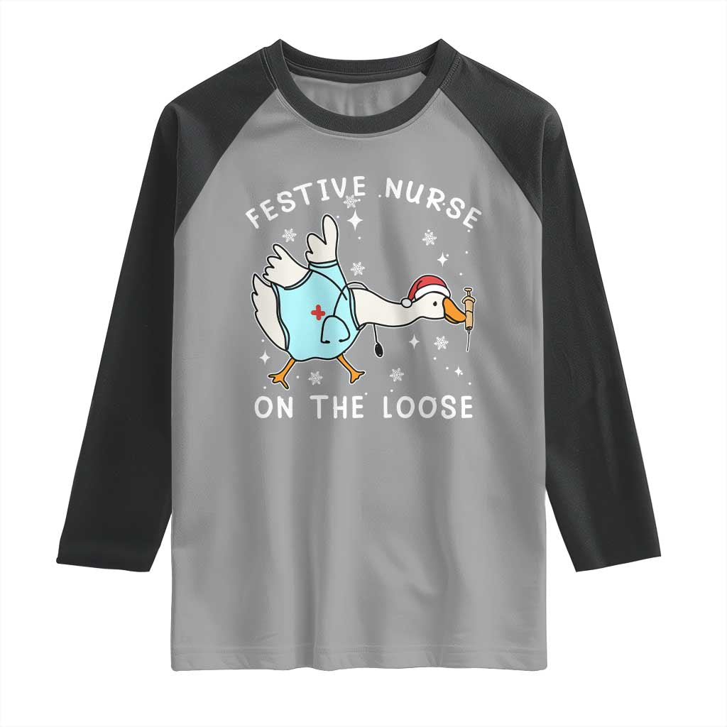 Funny ER Nurse Goose Christmas Raglan Shirt Festive Nurses On The Loose - Wonder Print Shop